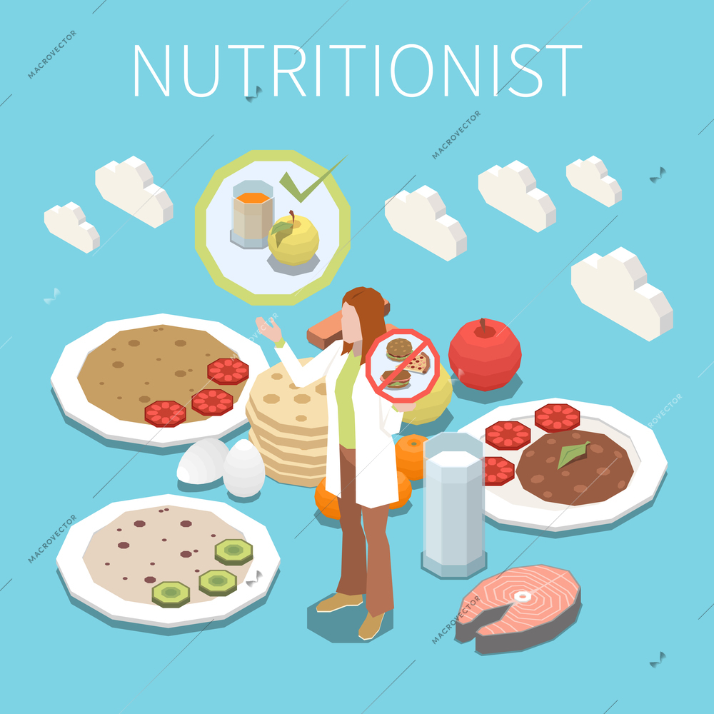 Nutritionist isometric composition with female specialist and healthy meals on blue background 3d vector illustration