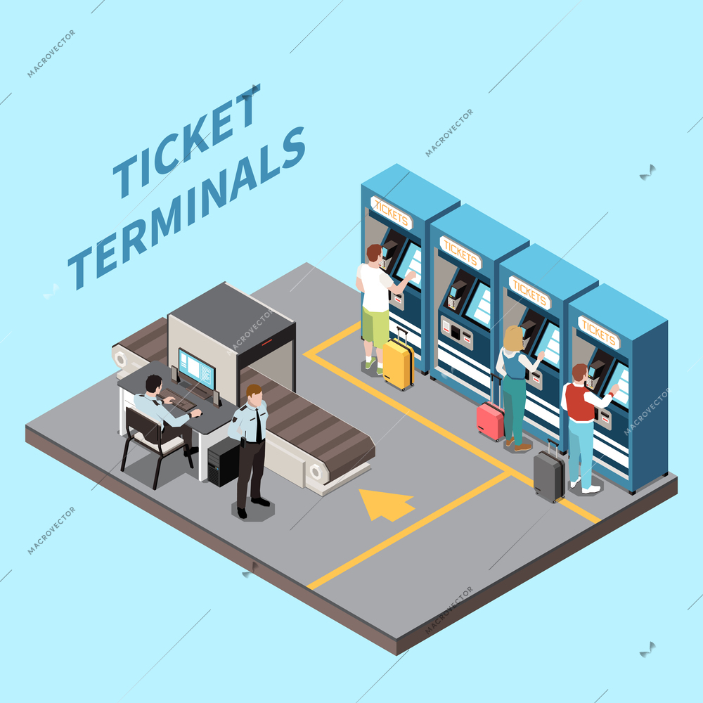 People with luggage using touch screen terminals to buy tickets at train station 3d isometric vector illustration