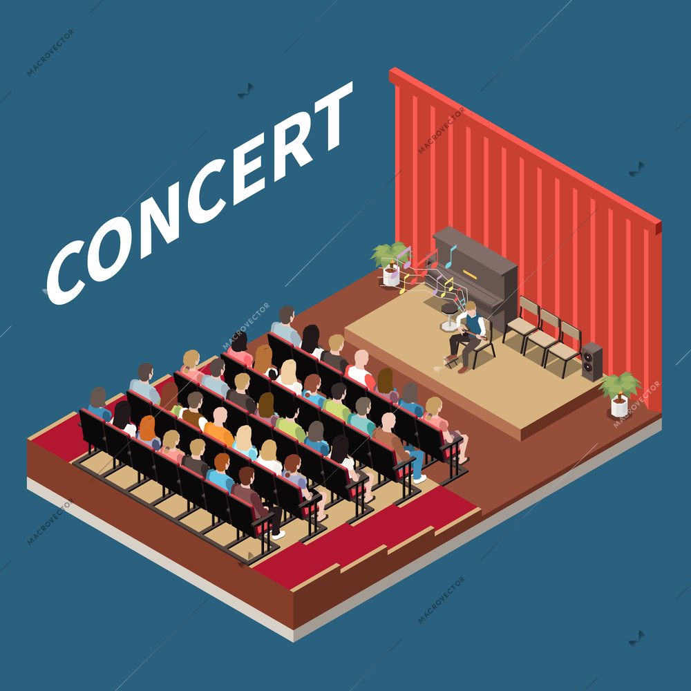 Boy playing musical instrument in front of audience at art school concert 3d isometric vector illustration