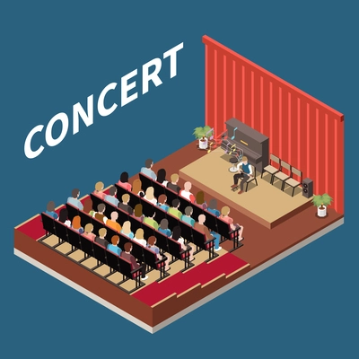 Boy playing musical instrument in front of audience at art school concert 3d isometric vector illustration