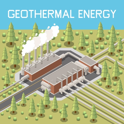 Geothermal power station renewable energy sources isometric background 3d vector illustration