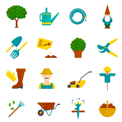 Country orchard  vegetable garden harvest flat pictograms collection with irrigation system symbols abstract isolated vector illustration