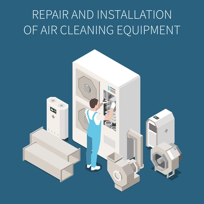 Repair and installation of air cleaning and conditioning equipment isometric composition with male maintenance worker on color background 3d vector illustration