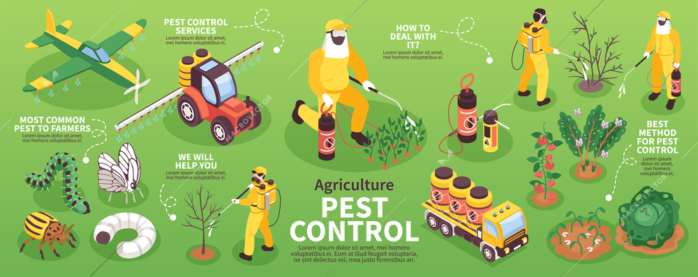 Isometric pest control infographics with argicultural insecticide and farm machines vector illustration