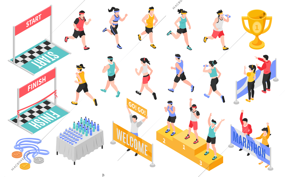 Isometric marathon icons set with running males and girls isolated vector illustration