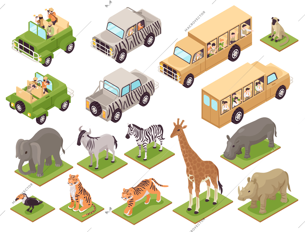 Isometric photo safari icons set with tourist vehicles and wild animals isolated vector illustration