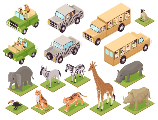 Isometric photo safari icons set with tourist vehicles and wild animals isolated vector illustration