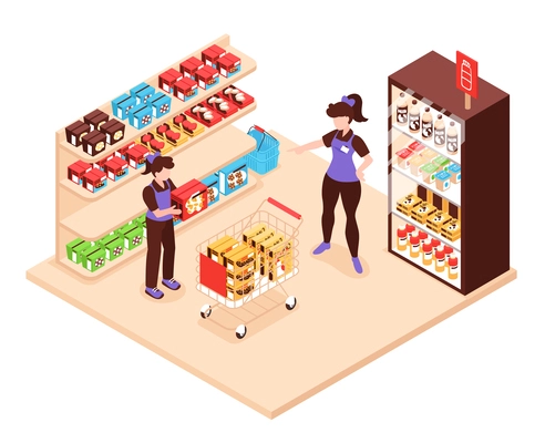 Teenagers first job concept with young lady working in grocery store vector illustration