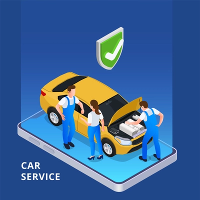 Car service isometric background with specialists examining engine of  passenger automobile owned by young woman vector illustration