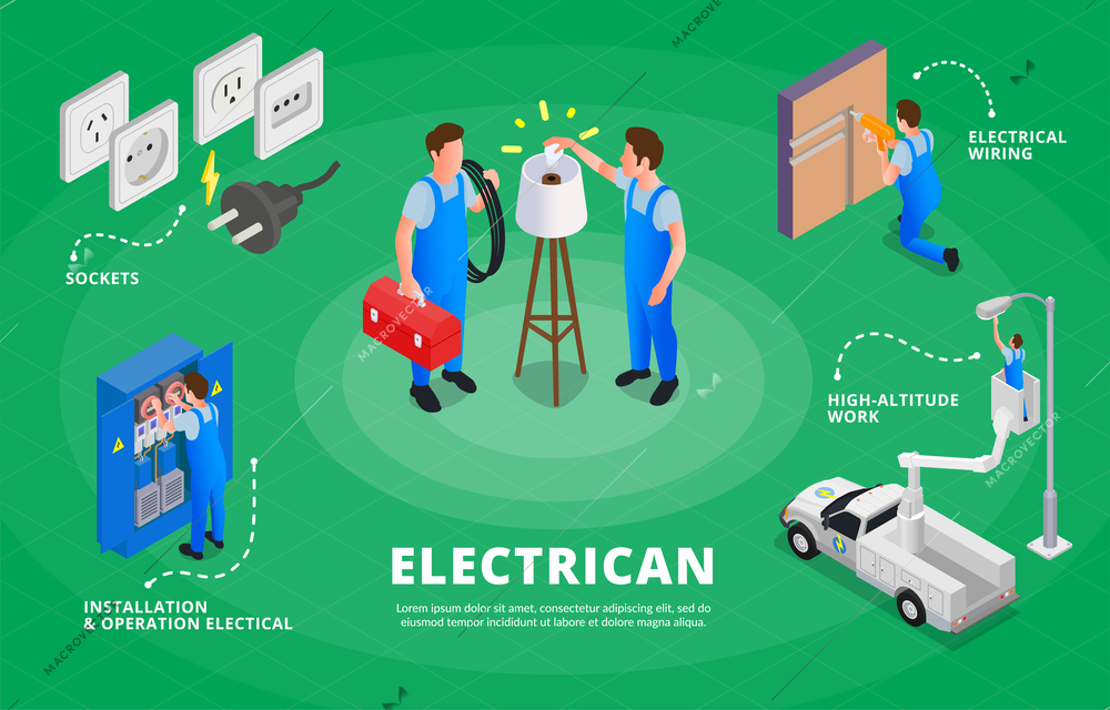 Electric people isometric infographics background with electricians performing electrical works so as laying of wire installation and high altitude work vector illustration