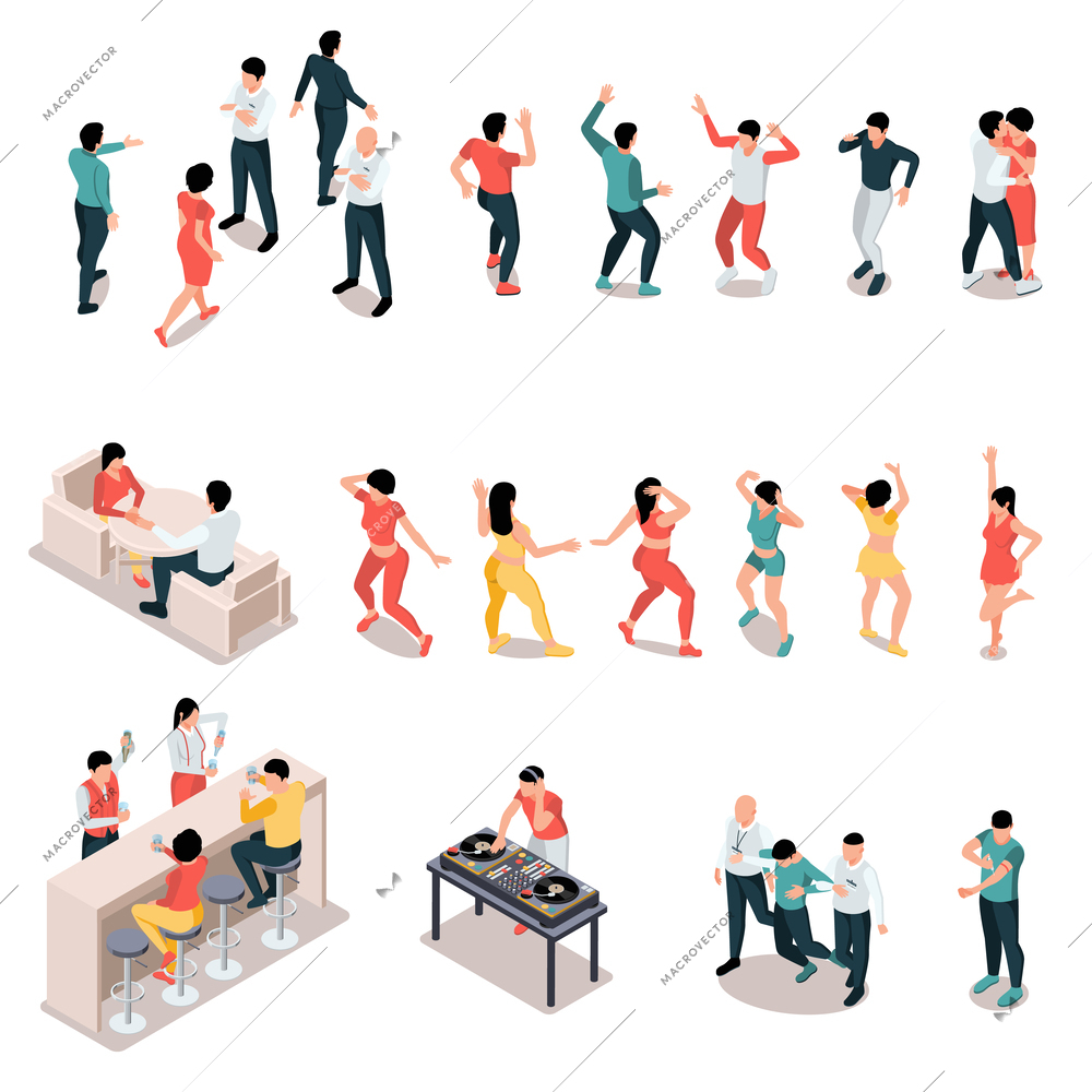 Night club isometric set with isolated human characters of dancing people guards dj and bar stand vector illustration