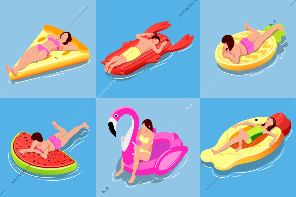 People on inflatable toys isometric set of six square compositions with air beds of different shape vector illustration