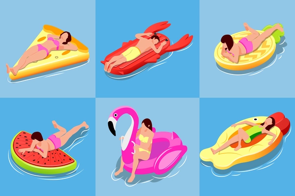 People on inflatable toys isometric set of six square compositions with air beds of different shape vector illustration