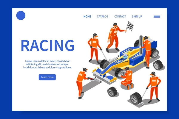 Racing isometric web site landing page with image of pit stop crew clickable links and buttons vector illustration