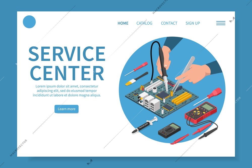 Computer smartphone testing repairing isometric web site landing page with clickable links buttons and editable text vector illustration