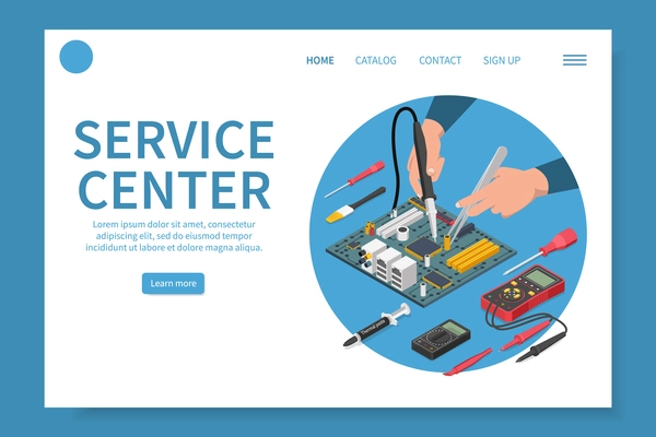 Computer smartphone testing repairing isometric web site landing page with clickable links buttons and editable text vector illustration