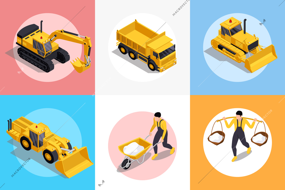 Salt production isometric circle square compositions set with images of yellow industrial vehicles and workers characters vector illustration