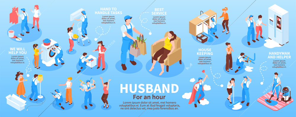 Isometric husband for an hour infographics set with men helping women in household repair vector illustration