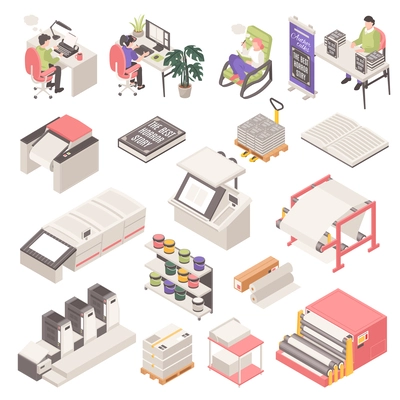 Isometric publishing house icons set with book printing process isolated vector illustration