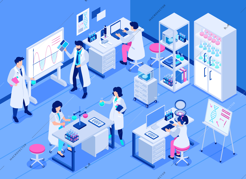 Isometric scientific laboratory concept with scientists making researches in lab vector illustration