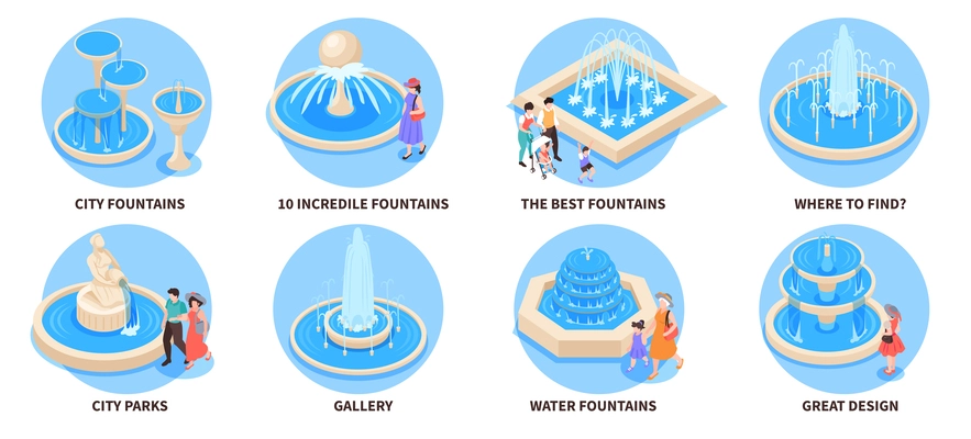 Isometric fountain park compositions set with city water decoration elements isolated vector illustration