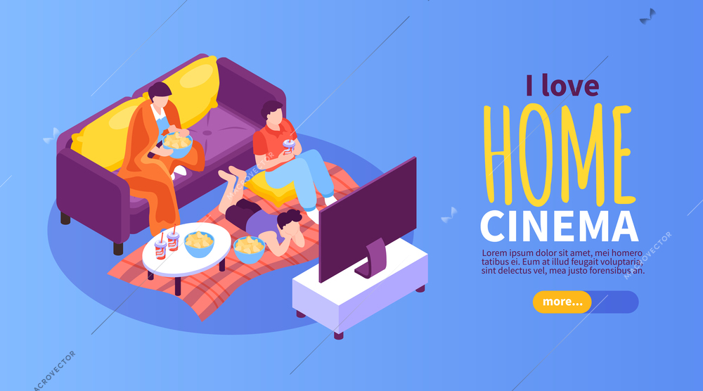 Isometric home cinema horizontal banner with family watching tv vector illustration