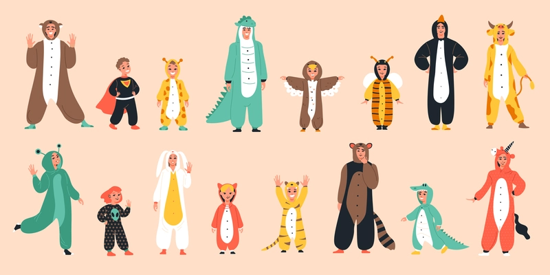 Kigurumi pyjamas color icon set children and adults in funny animal costumes vector illustration