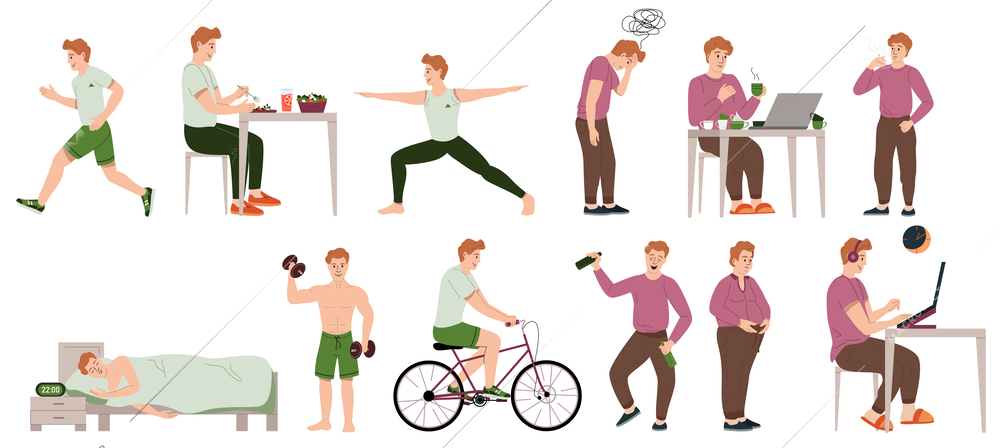 Man healthy lifestyle set of isolated flat icons with character of guy performing daily tasks exercises vector illustration