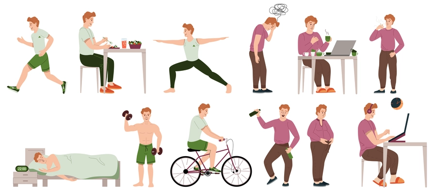 Man healthy lifestyle set of isolated flat icons with character of guy performing daily tasks exercises vector illustration