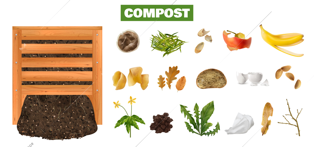 Realistic compost horizontal set of isolated icons with rests of food plants and dirt with text vector illustration