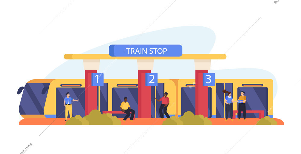 Public transport flat background with subway or suburban train and people on platform vector illustration