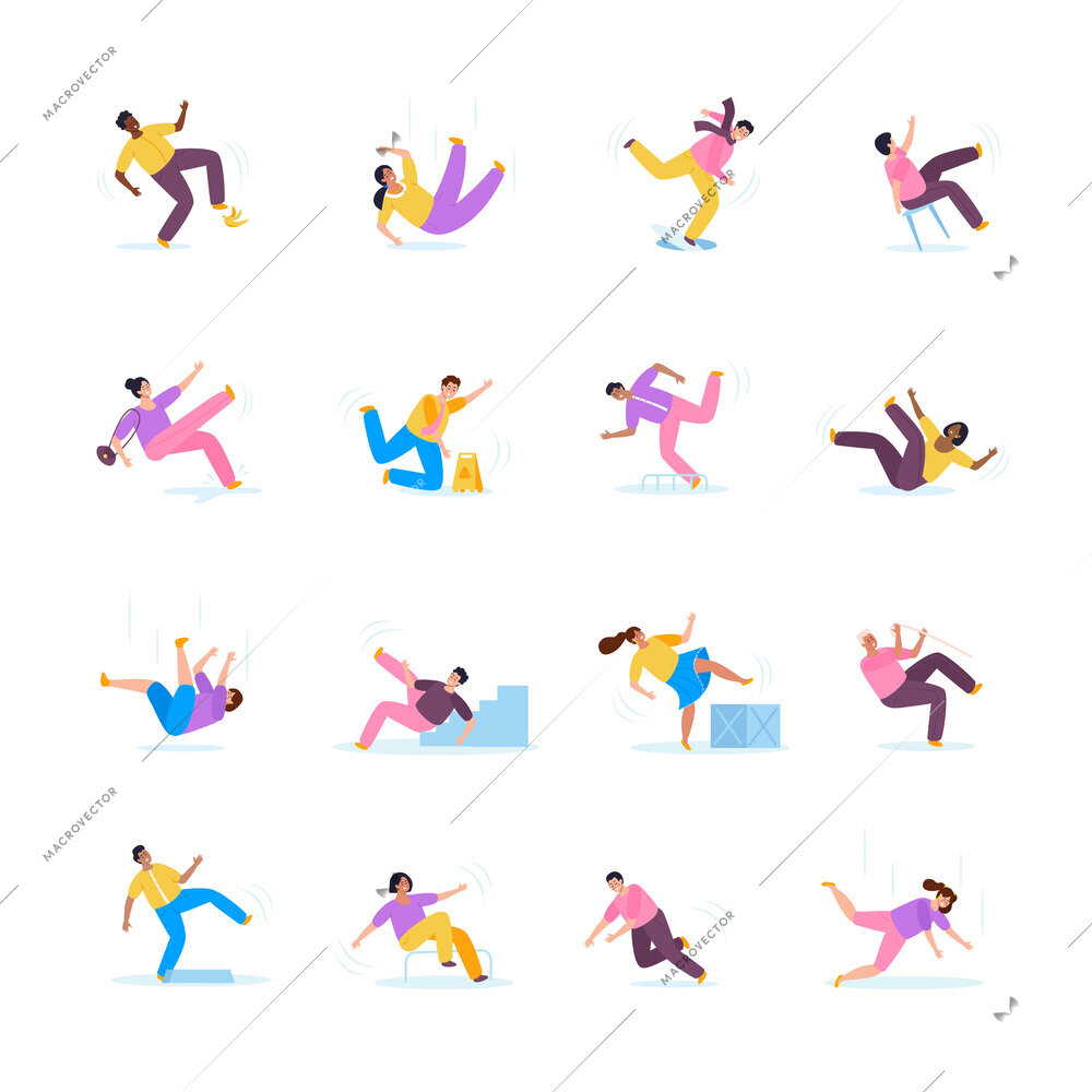 People fall flat icons set with men and women stumbling falling down stairs slipping isolated vector illustration