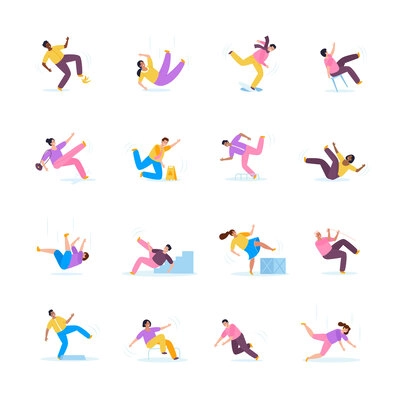 People fall flat icons set with men and women stumbling falling down stairs slipping isolated vector illustration