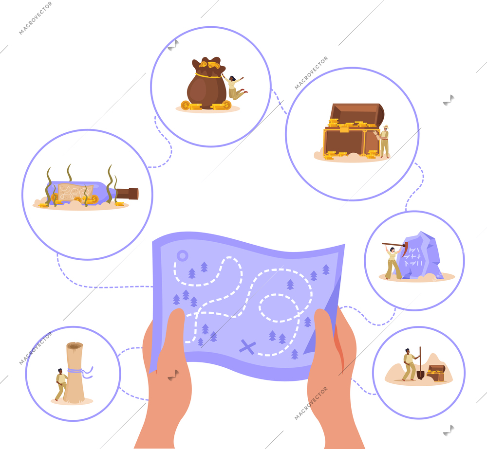 Treasure hunt flat style background with round compositions with chest bottle bag with gold and human hands holding map vector illustration