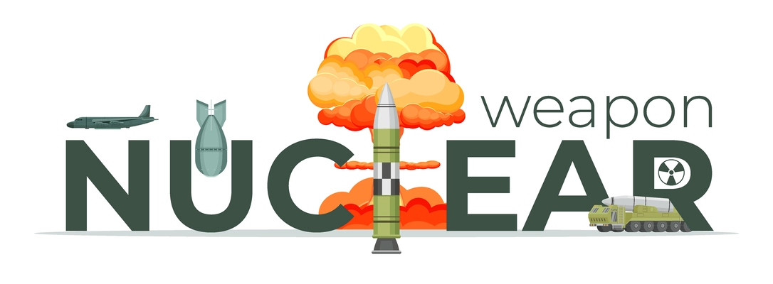 Nuclear weapon text flat composition with atomic explosion and armament on white background vector illustration