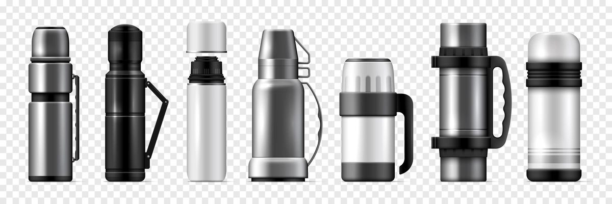 Realistic thermos transparent icon set various thermoses large and small white black and gray vector illustration