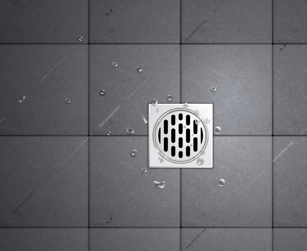 Realistic ceramic floor tiles drainage grates composition square drain in the shower cubicle and residual water droplets vector illustration