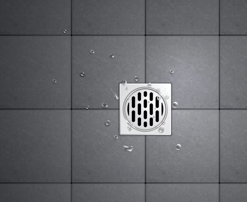 Realistic ceramic floor tiles drainage grates composition square drain in the shower cubicle and residual water droplets vector illustration