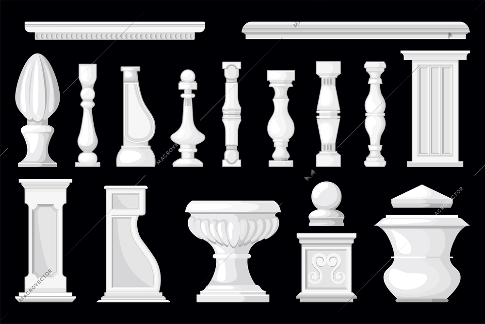 Set with isolated images of stone balusters vases and columns of white color on black background vector illustration