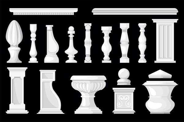 Set with isolated images of stone balusters vases and columns of white color on black background vector illustration