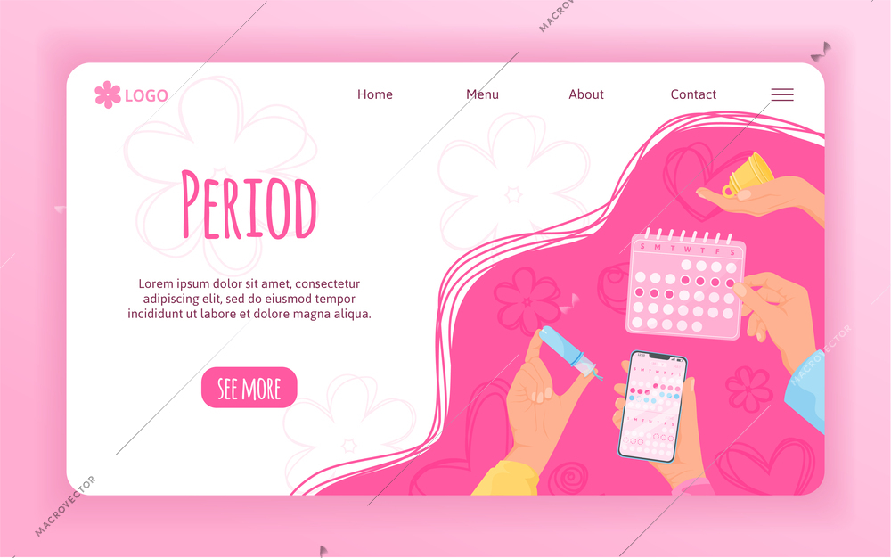 Menstruation period hygiene flat website landing page with smartphone app in hands clickable links and buttons vector illustration