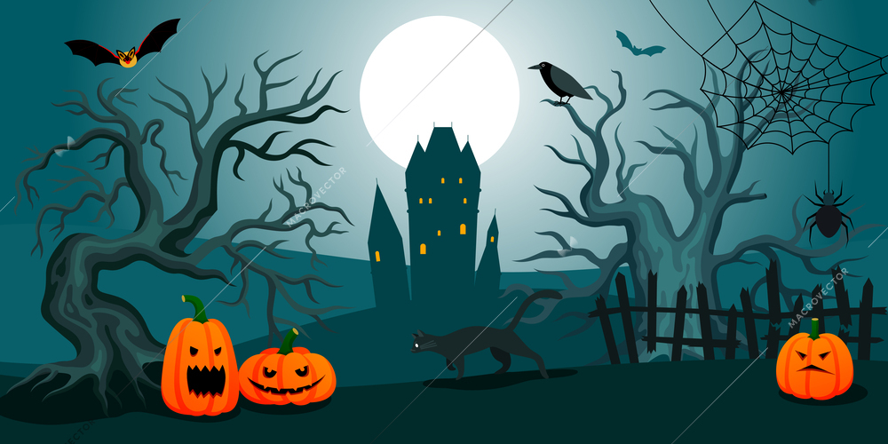 Halloween night spooky landscape with scary trees black cat pumpkins old castle and full moon in background flat vector illustration