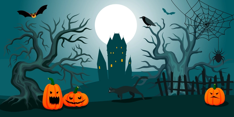 Halloween night spooky landscape with scary trees black cat pumpkins old castle and full moon in background flat vector illustration