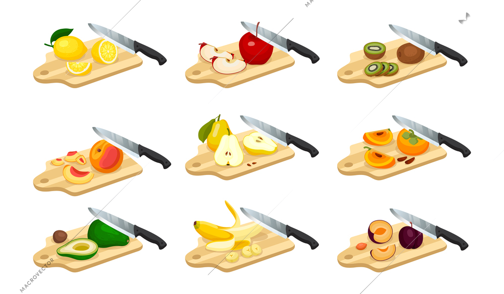 Flat set of sliced and whole fresh fruits with knives on cutting board isolated vector illustration