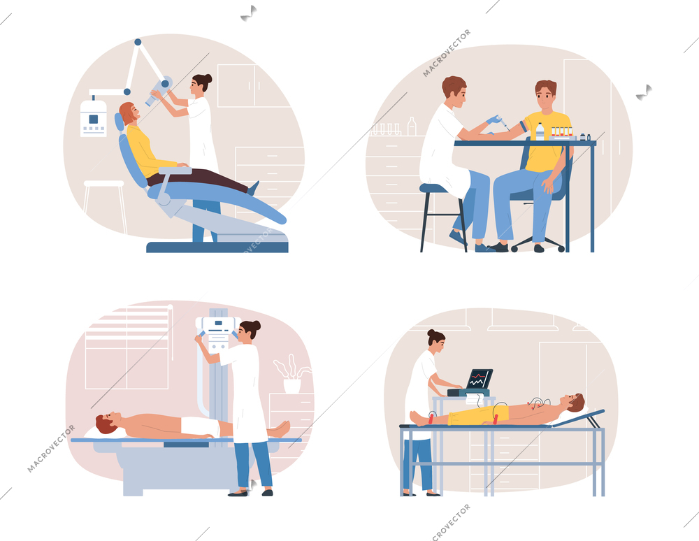 Four medical diagnosis equipment flat composition set medical examinations with blood sampling ultrasound ecg vector illustration