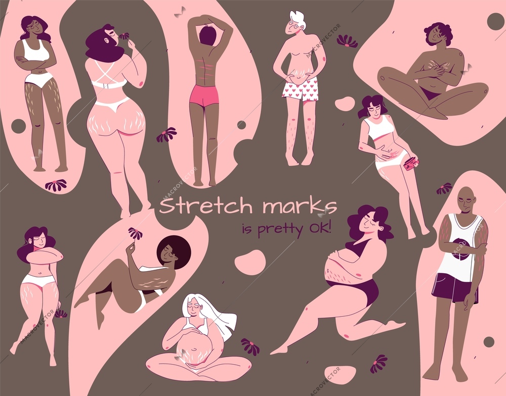 Stretch marks flat background with composition of ornate text floral icons with male and female bodies vector illustration