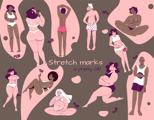 Stretch marks flat background with composition of ornate text floral icons with male and female bodies vector illustration