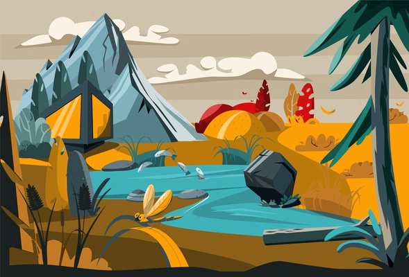 Nature landscape cartoon colored background with mountains river and exotic plants flat vector illustration