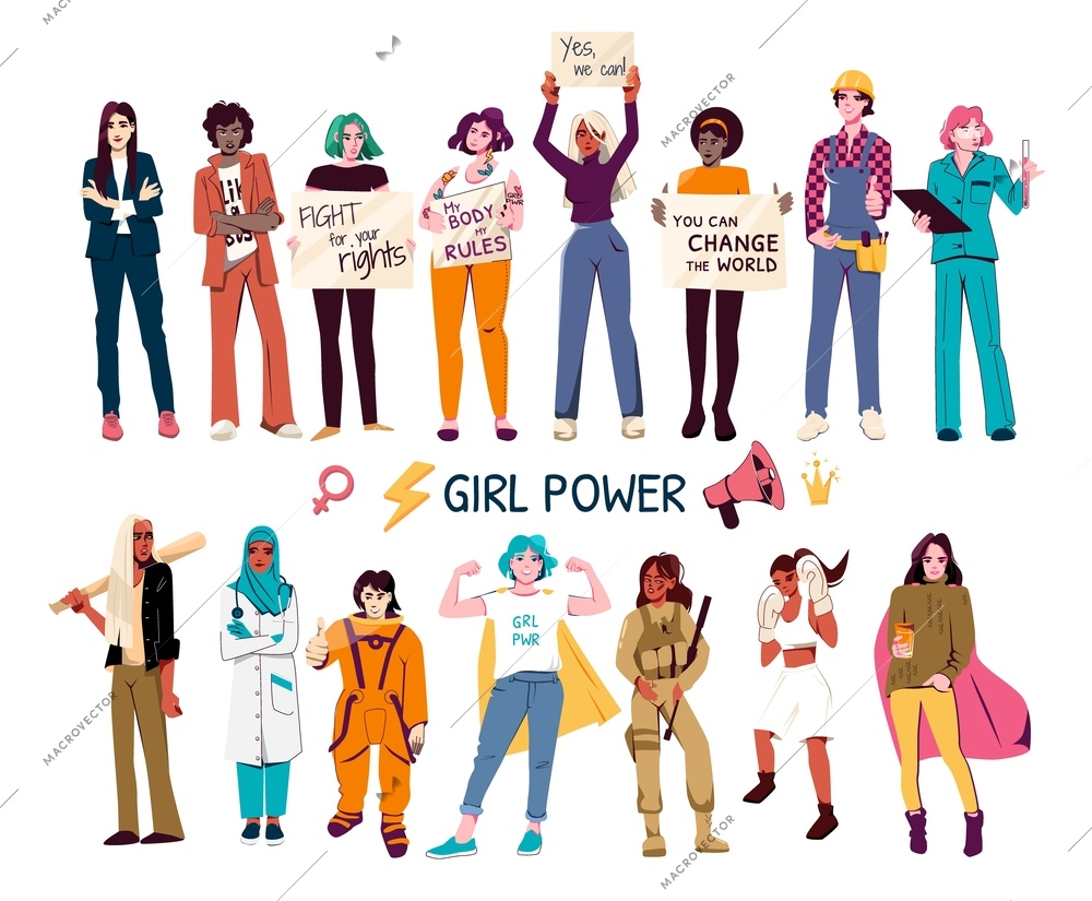 Girl power flat set of female characters of different ethnicity fighting for women rights isolated vector illustration