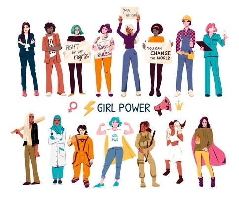 Girl power flat set of female characters of different ethnicity fighting for women rights isolated vector illustration